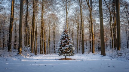 Obraz premium Peaceful Winter Landscape with Snowy Pine Tree in a Serene Forest Surrounded by Tall Trees and Soft Morning Light Filtering Through Branches