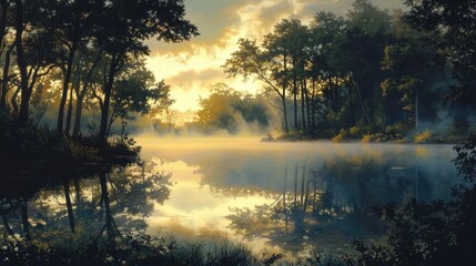 A quiet lakeside landscape at dawn, with a thick mist rising from the surface of the water.
