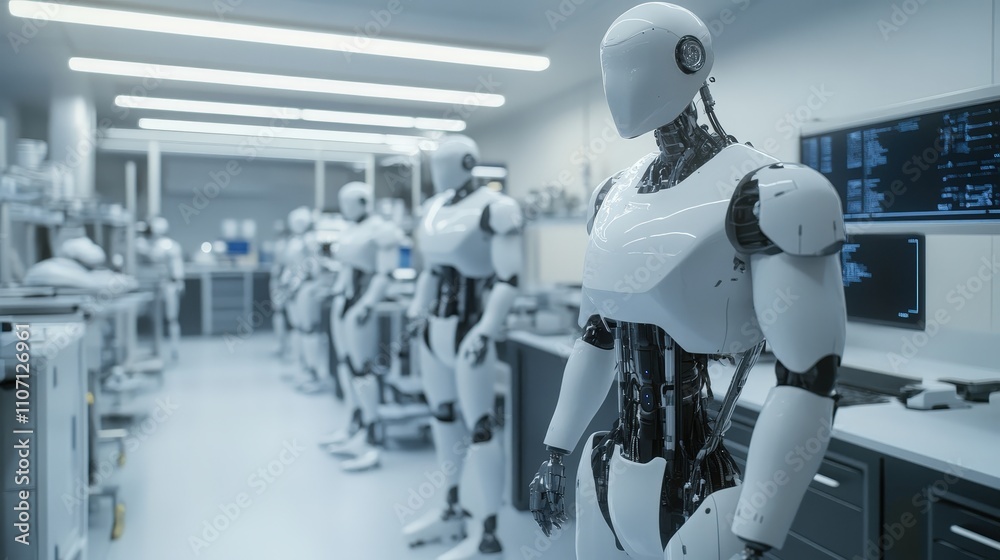 Poster a robotics industry lab where scientists are developing advanced humanoid robots, symbolizing cuttin