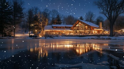 Fototapeta premium Cozy Winter Cabin at Dusk Surrounded by Snow and Reflected in Calm Water, Glittering Lights Creating a Magical Atmosphere in a Winter Wonderland