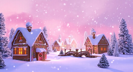 Magical 3D rendering of the gingerbread village in winter wonderland. Snow falling, sunlight and pinkish ambience.