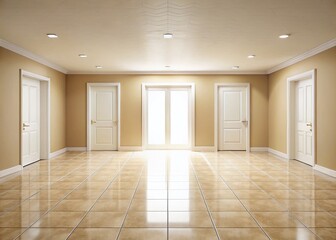 A minimalist vacant room with beige walls and tiled floors, offering a spacious, modern interior design perfect for fashion photography; realistic clipart on a white background.
