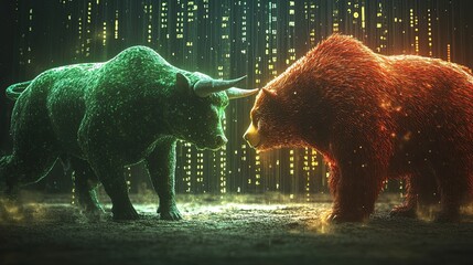 Dynamic 3D Composition of Green Bull and Red Bear in Intense Scene