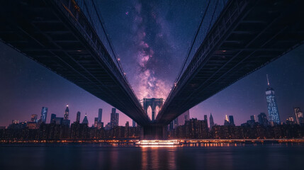 Naklejka premium stunning long exposure of historic bridge under starry sky