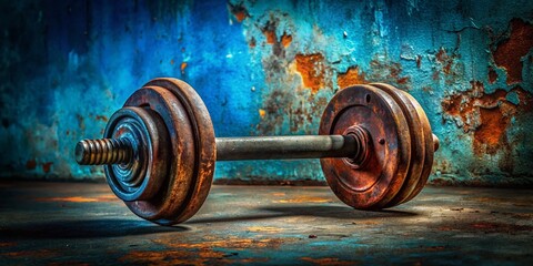 An aged gym dumbbell rests on a blue concrete backdrop, embodying urban grit and vintage fitness gear, inspiring strength training and motivating workouts.