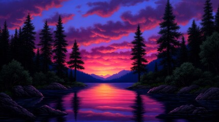 Stunning Sunset Over Mountain Lake with Vibrant Purple and Pink Sky