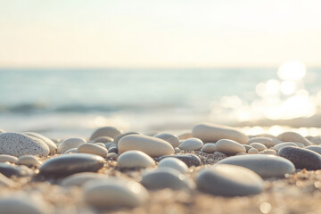 Textured beach stones, smooth gray and beige pebbles scattered across wet sand under sunlight, organic and calming