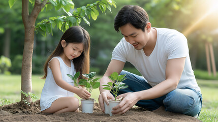 Father and young daughter planting saplings together in a garden, symbolizing family bonding and environmental stewardship. , nurturing nature, and instilling eco-friendly values.