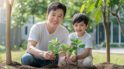 Father and son planting saplings together in a garden, family bonding and environmental stewardship, nature, and instilling eco-friendly values in the younger generation ,love for nature, conservation