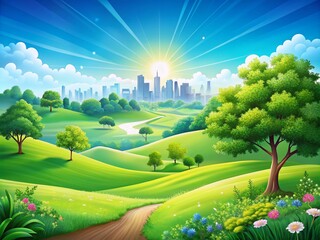 A picturesque landscape with a city skyline in the background showcases nature&rsquo;s beauty, vibrant colors, and a tranquil atmosphere, inviting outdoor adventures in this travel destination.