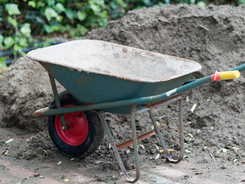 The green wheel barrow in the garden
