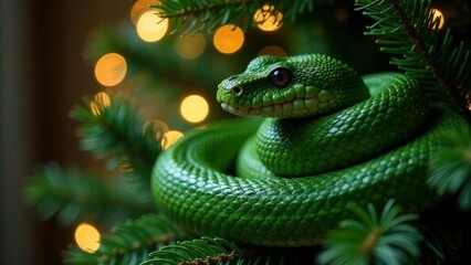 Fototapeta premium A snake coiled on fir tree branch against a bright lights background. Symbol of Eastern calendar. New Year party concept. Festive mood