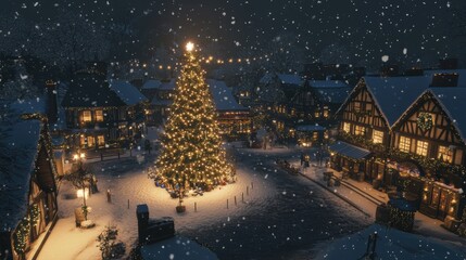 Fototapeta premium Enchanting Winter Scene Featuring a Snow-Covered Village with a Festive Christmas Tree Illuminated by Sparkling Lights and Gentle Falling Snowflakes