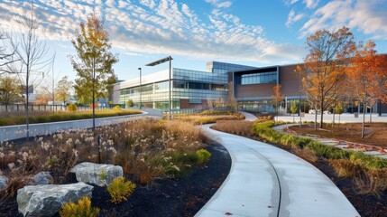 Fototapeta premium A bicycle path winds through the newly constructed commercial building creating a connection between the manmade structure and its surrounding natural environment.