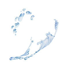 Water flow, splashes bubbles waves with drops, ice cubes hand drawn in watercolor. Blue liquid pouring motion, flowing clear wet spray ripples. Illustration, single object isolated on white background