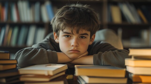 A boy looks bored, resting his head on books in a library setting.