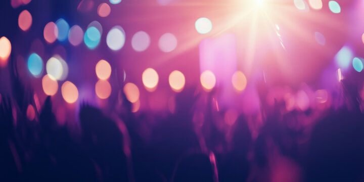 A bustling outdoor concert at night with a glowing stage, cheering crowd, and vibrant light effects. The energetic atmosphere is full of excitement and celebration.