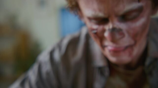 Closeup of face of hungry male zombie with bloody rotting flesh chomping on bowl of raw meat, then wiping mouth and staring at camera with creepy white eyes while twitching and jerking