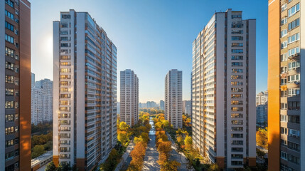 Fototapeta premium Aerial view of high rise apartment buildings with autumn trees
