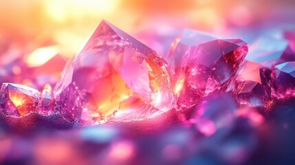 A vibrant close-up of shimmering crystals reflecting light with a stunning gradient of pink and orange hues.