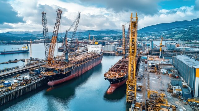 A shipbuilding industry dock with massive ship parts being assembled by cranes, showcasing the scale of marine engineering.