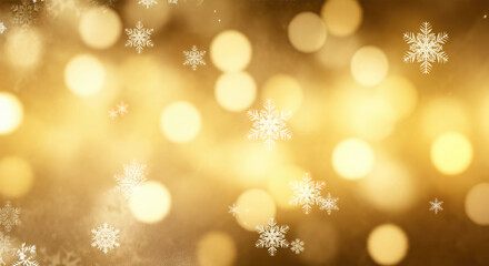 Elegant abstract background with golden bokeh lights and white snowflakes