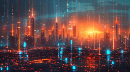 A vibrant, futuristic cityscape with glowing towers and digital light trails against a sunset backdrop, capturing a blend of technology and urban life.