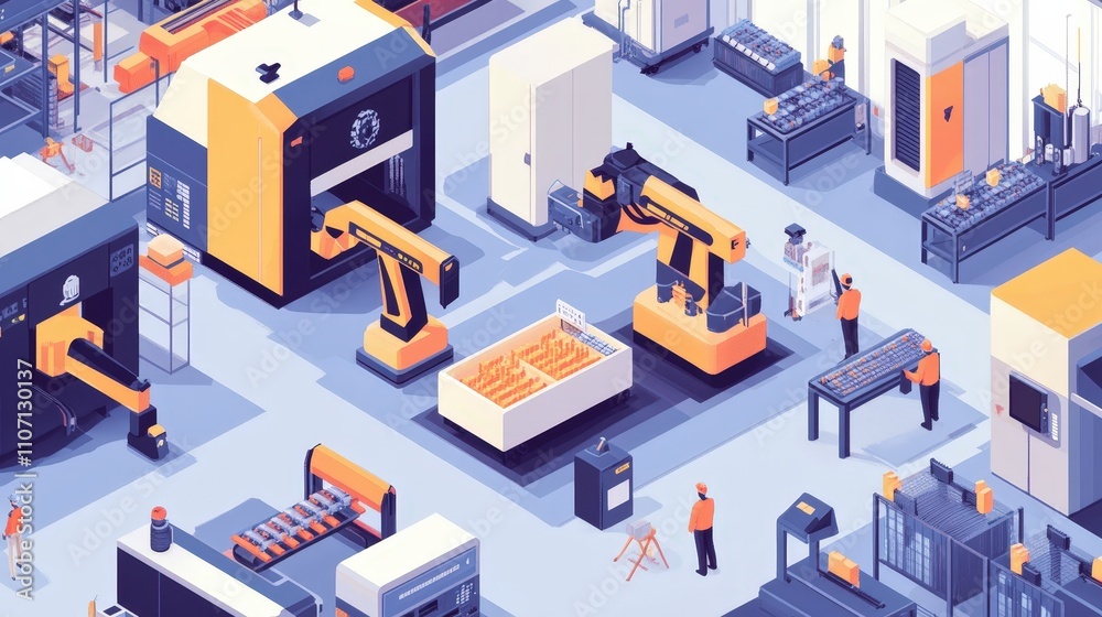 Poster a smart factory in the tech industry, with autonomous robots moving materials and handling tasks und