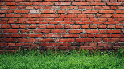 Vibrant red brick wall with subtle patterns and green grass below