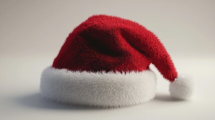 Red Santa hat with white fur trim on a plain background.