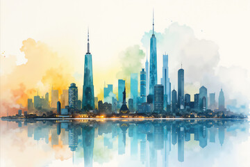 Obraz premium New york city skyline reflecting in water with colorful watercolor painting effect