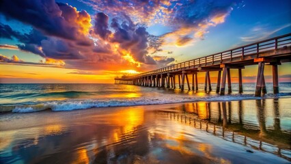 Stunning Product Photography of a Serene Beach Pier at Sunset, Capturing the Tranquility and Beauty of Coastal Landscapes and Inviting Summer Vibes for Your Portfolio