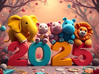 Fototapeta premium The colorful letters 2025 with colorful an animals dolls, Generative AI Illustration.