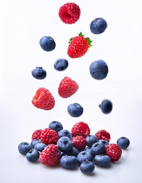 Falling berries of raspberries and blueberries on a white background