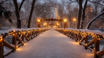 Serene Winter Bridge Surrounded by Sparkling Lights and Snow in a Quiet Park, Perfect for Holiday and Seasonal Themes with a Magical Atmosphere