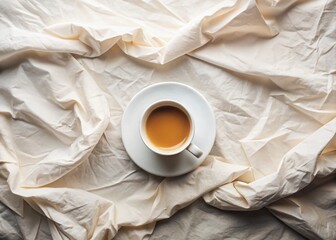 a simple cup on crumpled paper, perfect for creating cozy vibes and serene mornings in calming neutral tones.