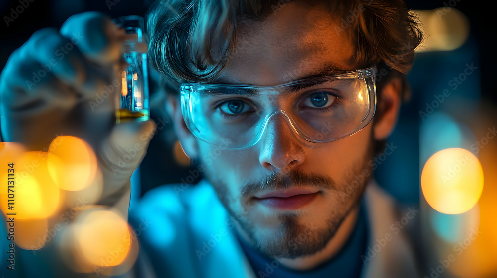 Poster a focused scientist examines a vial in a lab, surrounded by glowing beakers.