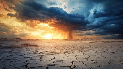 A storm cloud over a dry desert landscape, symbolizing the impact of climate change on water scarcity and the environment