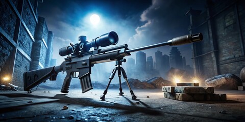 Fototapeta premium A sniper rifle equipped with a scope and microphone captures a detailed low-light action shot in a combat zone, highlighting tactical gear and stealth technology.