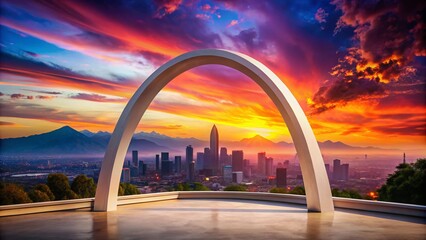 Stunning Silhouette of a Modern Architectural Structure with Curved White Arch Framing a Breathtaking Cityscape and Majestic Mountains in the Distance at Sunset