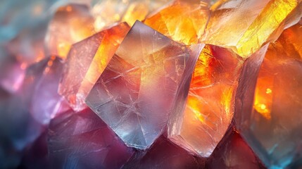A close-up view of colorful, translucent crystals reflecting light, showcasing intricate patterns and vibrant hues of orange, purple, and blue.