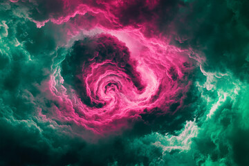 Abstract cosmic swirl pattern, vibrant pink and green gradients twisting dynamically in a dark sky, bold and ethereal