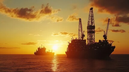 Fototapeta premium A sunset view of an oil drilling platform in the ocean, with workers loading equipment onto a supply ship.