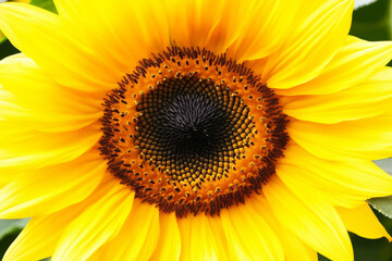 Naklejka premium Textured sunflower close-up, vibrant yellow petals with a detailed dark center, bright and natural