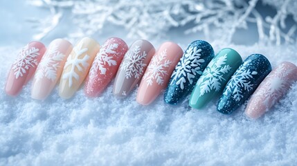 A set of winter-themed nails with snowflake designs