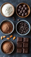 A collection of baking ingredients including flour, cocoa powder, chocolate, and almonds for dessert preparation.