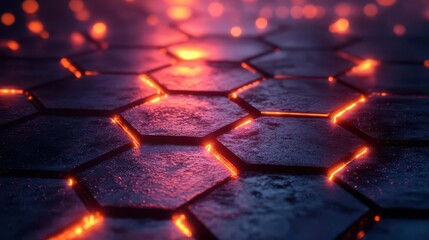 A close-up view of hexagonal tiles illuminated by glowing lines, creating a futuristic and vibrant atmosphere.