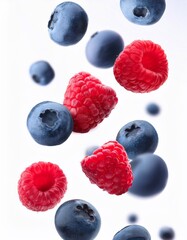 Falling berries of raspberries and blueberries on a white background