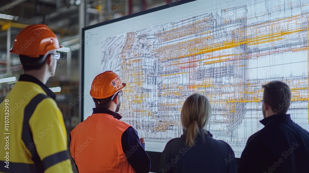 Poster a team of engineers discussing the results of a structural calculation using a large digital display