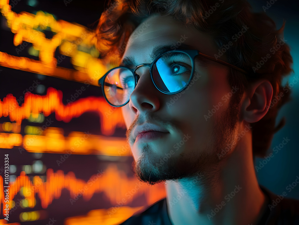 Poster a young man with glasses gazes thoughtfully at a glowing data display, suggesting analysis.